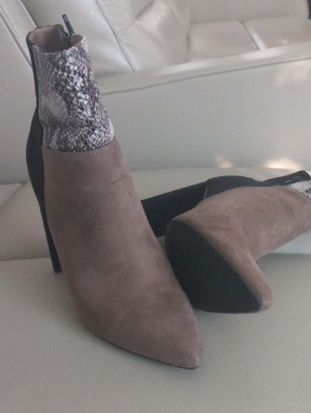 Shoe Dazzle Two-Tone Pointed Toe Ankle Boots in Brown, Black & Snake Print